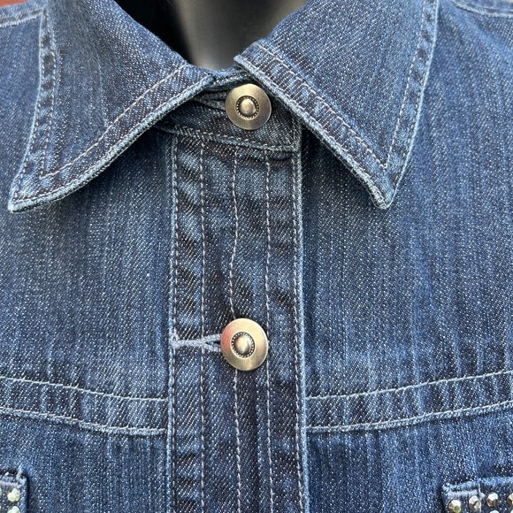 Chico's Denim Jeans Jacket Beading Dark Wash Button Front Short Sleeve Blue 2 - Picture 6 of 11